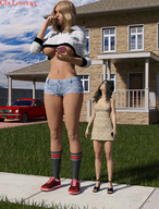 blonde long_hair cleavage brunette mini_giantess navel shorts standing vehicles lollipop piercing size_comparison houses cellphone sidewalk digital_render giantess_lover45 bare_midriff clotghed dread