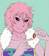 drawing nude blushing color smiling pink_hair shrunken_man looking_down between_fingers no_background pinched antennae pink_skin xxxgoom