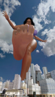 giantess city mega black_hair long_hair barefoot soles glasses huge_breasts low_angle outdoors raised_foot emmagear digital_render aithegiantess