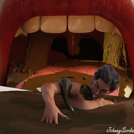 vore brunette short_hair shrunken_man open_mouth drinking screaming hanging_on imminent_vore digital_render johnnyscribe
