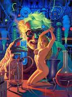 breasts drawing nipples nude blonde color barefoot domination bondage kneeling navel shrunken_woman chemicals laboratory test_tube mad_scientist experimentation greg_hildebrandt brain