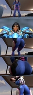 comic butt_crush sitting shrunken_woman stuck_to_butt digital_render overwatch d.va pharah hana_song fareeha_amari spedstar623