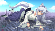 drawing giantess city mega color destruction japanese_clothes kitsune fox_girl sugarnhoney shrine_maiden saya