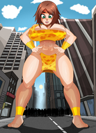 breasts drawing giantess city color barefoot huge_breasts brunette leopard_print skimpy_clothing sonson-sensei yuuko