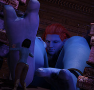 feet barefoot red_hair shrunken_woman troll jetslasher massaging_foot digital_render