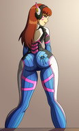 drawing color armor shrunken_woman looking_down stuck_to_butt overwatch d.va pharah hana_song ravenravenraven fareeha_amari