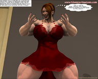 clothed huge_breasts low_angle smiling story red_hair ponytail mini_giantess muscles looking_down open_mouth ilayhu indoors dialogue digital_render