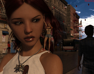long_hair clothed red_hair shrunken_woman outdoors freckles looking_back necklace on_shoulder digital_render giantess_lover45