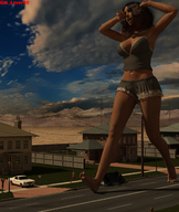 giantess large_breasts long_hair barefoot brunette walking open_mouth outdoors necklace digital_render giantess_lover45 yawning