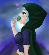 drawing vore large_breasts saliva blue_hair short_hair heart shrunken_woman hood internal_view heterochromia にゃんこtouhou