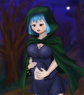 drawing vore large_breasts saliva blue_hair short_hair heart shrunken_woman hood internal_view heterochromia にゃんこtouhou