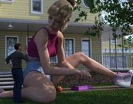 gentle giantess blonde clothed high_heels ponytail sitting basketball shorts looking_down standing houses runswithferrets top digital_render