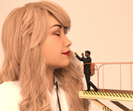 gentle giantess blonde long_hair clothed lips brush painting boomgts digital_render scissor_lift