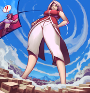 drawing giantess color sakura_haruno pink_hair town clouds gareit0 sasuke_uchiha naruto_(series)