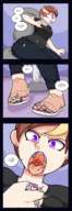 drawing feet comic color tongue handheld brunette in_shoe short_hair shrunken_men open_mouth annoyed imminent_vore jj-psychotic
