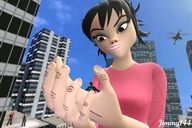 giantess city black_hair handheld helicopter smiling short_hair looking_down outdoors digital_render jimmy144