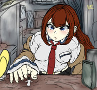 drawing color blue_eyes brunette shrunken_man makise_kurisu steins;gate looking_at_tiny embernaga