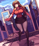 drawing giantess city color long_hair destruction clothed handheld skirt buildings brunette tank nylons walking looking_down shirt soldiers dropped gareit0