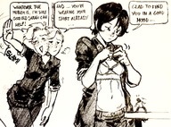 drawing comic monochrome handheld bra crow short_hair shrunken_man dressing ednem