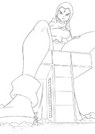 drawing giantess mega monochrome large_breasts raven teen_titans dress short_hair boots sketch tower looking_up towering cape belt leotard hood dc_comics smirking ravenravenraven jinx_(teen_titans)