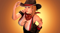 large_breasts cleavage unknown_artist shrunken_men hat looking_at_viewer glove scarf digital_render between_breasts