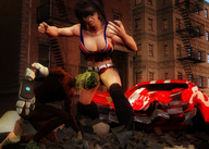 giantess large_breasts destruction cleavage buildings brunette mini_giantess fighting vehicles digital_render flag_bra randomthug