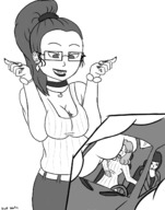 drawing giantess monochrome cleavage glasses smiling ponytail teasing looking_down entrapment lipstick vehicles choker earrings giant_waifus between_breasts