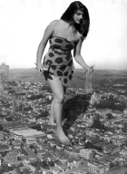 collage city mega monochrome long_hair destruction handheld barefoot foot_crush walking looking_down hand_crush edison leopard_dress