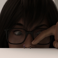 glasses close_up shrunken_women dark_skin pointing boomgts looking_at_tiny digital_render