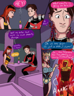 breasts drawing giantess city mega comic color armor giant cleavage buildings brunette couple red_hair pants date costume cape belt dialogue candle hammer sitting_on_building thor iron_man black_widow mary_jane spider-man marvel_comics bare_midriff caiman2 giant_man earth_20052 peter_parker firebrand