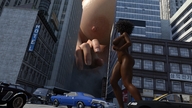 giantess nude city black_hair large_breasts multiple_sizes giantesses vehicles dark_skin digital_render kryptonlives