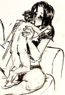drawing gentle panties monochrome black_hair long_hair butt handheld barefoot crow kissing shrunken_man sketch naked_man top sofa
