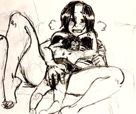 drawing gentle monochrome black_hair long_hair sex barefoot cleavage bra crow legs amazon sketch missionary_position