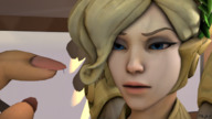 giantess micro blonde blue_eyes dangle shrunken_person mercy fingernail looking_at_tiny digital_render source_film_maker overwatch angela_ziegler pproky proky