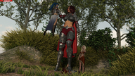giantess blonde long_hair armor handheld blue_hair brunette domination dress lying_down foot_crush standing forest digital_render giantess_lover45