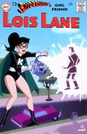 breasts drawing giantess mega black_hair color angry purple_eyes superhero gloves ponytail boots cartoon mask vehicles outdoors superman lois_lane cape earrings leotard reporter mailbox dc_comics bare_legs clark_kent