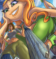 drawing giantess giga city mega blonde color handheld brunette multiple_sizes looking_down giantesses dark_skin orange_hair bryan_lobdell total_drama_island courtney izzy lindsay bare_midriff