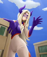 drawing giantess horns city blonde color looking_down leaning_on_building my_hero_academia mt._lady