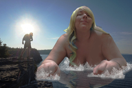 giantess collage nude blonde long_hair water lying_down outdoors closed_eyes