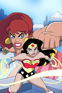 drawing giantess city mega black_hair color long_hair blue_eyes clothed buildings giganta red_hair ponytail fighting costume wonder_woman earrings leotard tiara lasso shield dc_comics luciano_veccio