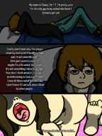 drawing giantess comic black_hair long_hair toes soles story shrunken_man open_mouth dialogue panels honmetgts