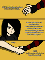 drawing giantess comic black_hair long_hair story shrunken_man dialogue panels honmetgts shaking_hands