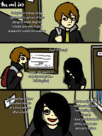 drawing comic black_hair long_hair shrunken_man looking_down dialogue panels honmetgts