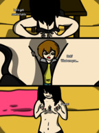 drawing comic black_hair long_hair bra shrunken_man looking_down dialogue panels honmetgts between_breasts