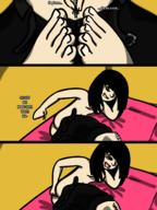 drawing giantess insertion comic black_hair long_hair toes barefoot story shrunken_man dialogue panels honmetgts