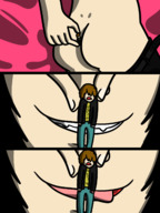 drawing giantess comic black_hair long_hair smiling story shrunken_man licking_lips dialogue panels between_buttcheeks honmetgts