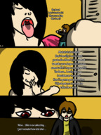 drawing giantess vore comic black_hair long_hair story shrunken_man dialogue panels honmetgts opne_mouth