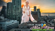 collage city cleavage dress short_hair walking outdoors necklace giantessbuster209 low_cut helen_mirren