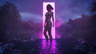 breasts giantess nude water pink_hair short_hair portal lake night sorenzer0 digital_render pink