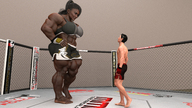 black_hair long_hair gloves mini_giantess muscles fighting looking_down dark_skin looking_up digital_render mma galiagan